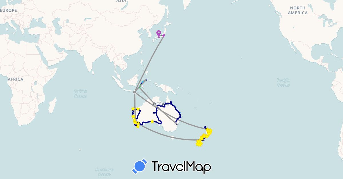 TravelMap itinerary: driving, bus, plane, train, hiking, boat, motorbike in Australia, Indonesia, Japan, New Zealand (Asia, Oceania)